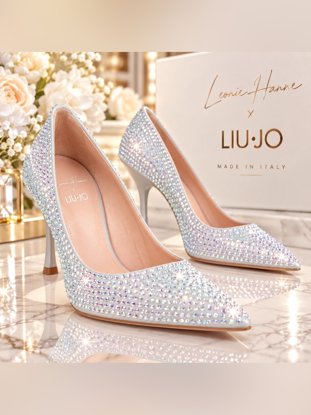 Liu Jo x Leonie Hanne Crystal Embellished Pointed Toe Pumps Light Grey US 9